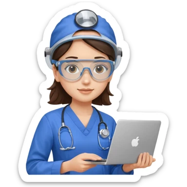 i need a brunette young woman in blue scrubs with brown eyes fair skin with safety goggles on and a laptop for research  healthcare research no safety helmet sticker