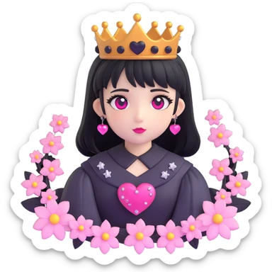 goth sakura heart, black heart with a sakura crown and sparkling accents, regal and enchanting sticker