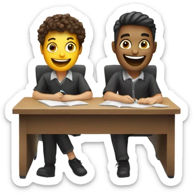 3 European students sitting at desk. They are laughing at lesson sticker