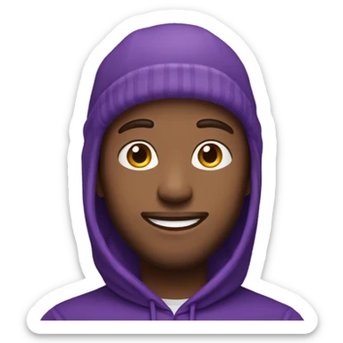 Man with brown hair with purple hoodie and purple beanie smiling from side sticker