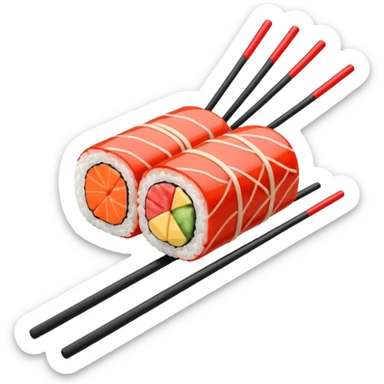 Japanese cuisine humanless avatar in minimalist emoji-style illustration. Sushi, roll and 2 chopsticks, clean lines, red white colors, flat design, calm and modern. sticker