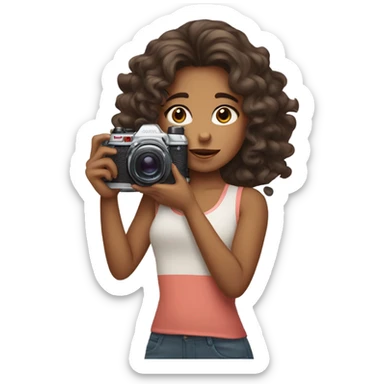 UGC content girl holding camera covering face, olive with brown soft Hollywood curls sticker