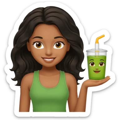a pretty bratz brown girl with long wavy black color hair, brown eyes and green tank who is smiling sticker