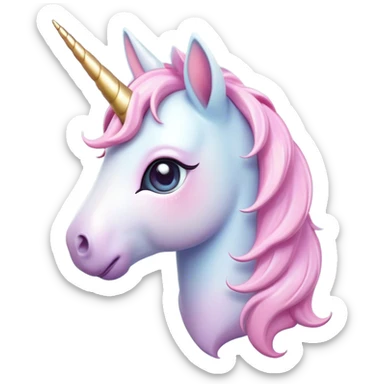 Cinematic Cute Unicorn Pony Portrait Emoji, Head tilted playfully and inquisitively, featuring a charming, diminutive form with a gentle pastel color, a delicate, sparkling horn and large, dreamy eyes full of wonder, Simplified yet irresistibly adorable features, highly detailed, glowing with a warm, magical glow, high shine, affectionate and lively, stylized with a touch of whimsical charm, soft glowing outline, capturing the essence of a mischievous yet endearing unicorn pony that seems as if it could prance out of the screen into your arms! sticker