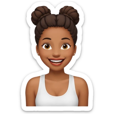 a black woman with a bun, wearing a white tank top, laughing with ber ehes sticker