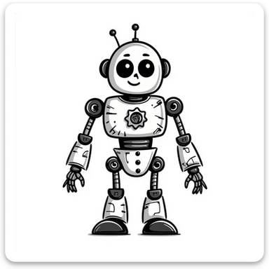 A detailed robot in the style of a black and white doodle, with intricate line work and a hand-drawn feel. sticker