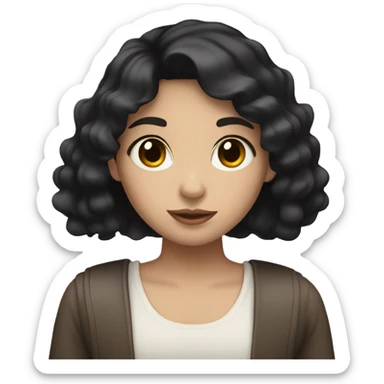 Girl with short black hair, white skin and brown eyes drinking a sticker