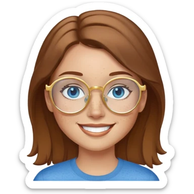Girl with light skin, brown hair, blue eyes, freckles, and gold glasses smiling sticker