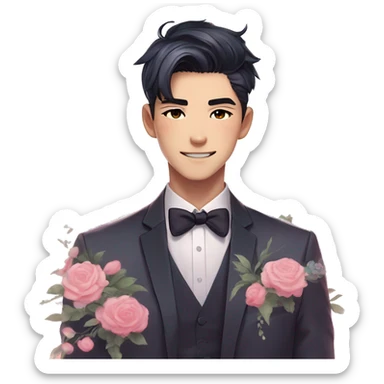 Gorgeous romantic anime style Asian formal modern gentlemanly guy with cat ears and flowers and blushing face aesthetic trending style outside with colorful gradient colors sticker