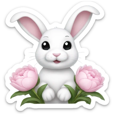 cute white bunny holding light pink peonies sticker