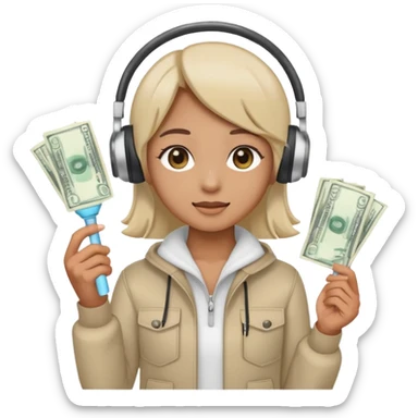cute emoji style illustration of a K-pop fan holding a bright lightstick in one hand and cash money bills in the other hand, wearing a large headset on the head, round face, simple eyes, flat vector style, soft colors, transparent background, clean outline sticker