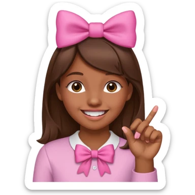 Chica con pelo marron sonriendo con un lazo rosa en la cabeza y mordiendose la punta del dedo indice con delicadeza y la otra mano que no salga en el emoji sticker