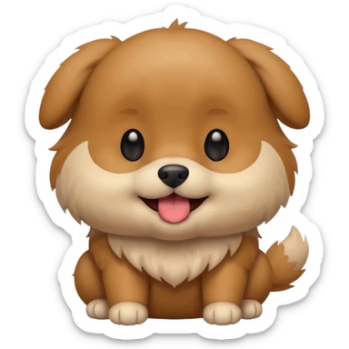 Cute small brown fluffy dog emoji icon. Round face, short muzzle, light brown fur with slightly darker ears, small black nose, happy smiling expression with tongue out. Soft friendly eyes, sitting pose with front paws together. Simple clean vector style, minimal details, kawaii style. sticker