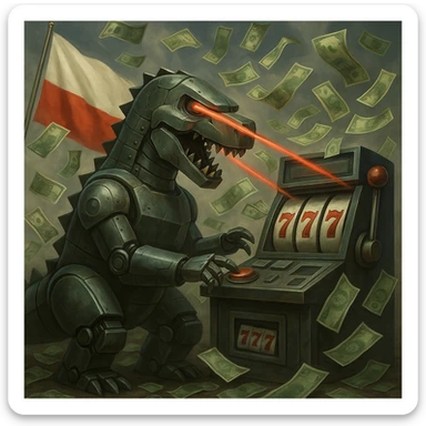 Create a semi-realistic style image of a robot dinosaur shooting lasers out of its eyes while playing a slot machine. Instead of explosions, money is flying everywhere. Include visible Polish flags in the scene. The style should be semi-realistic as described. sticker