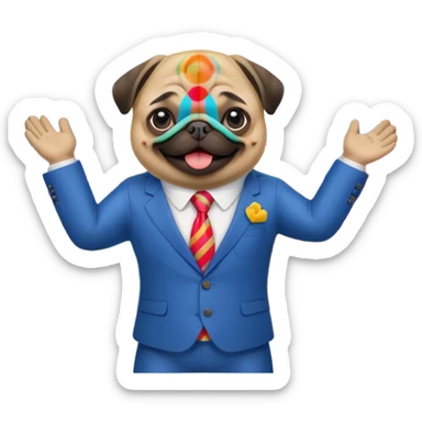 A pug in a suit in front of a stock chart with a rising trend sticker