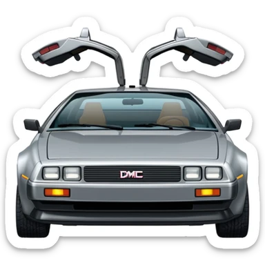 Silver DMC 12 Delorean, closed doors, backside view sticker
