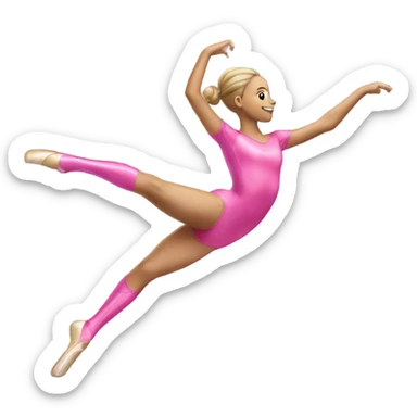 white rythmic gymnast jumping up in really flexible splits holding and twirling a ribbon in a pink leotard sticker