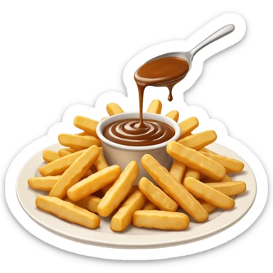 cheese curds with gravy on fries in a white plate sticker