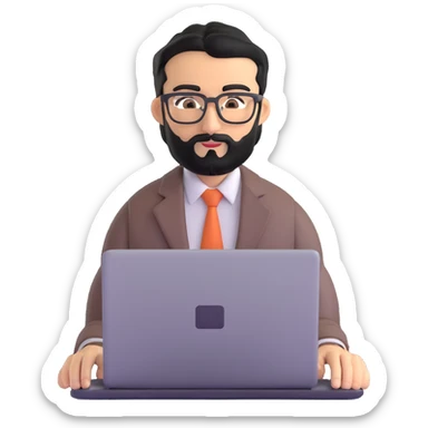 professional middle eastern businessman with well-groomed medium length black beard, neat black hair, connected eyebrows, elongated nose, tan skin, brown eyes, modern glasses, wearing perfectly pressed business casual outfit, efficiently working on a laptop sticker
