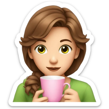 kid with brown hair and green eyes drinking tea from a pink cup sticker