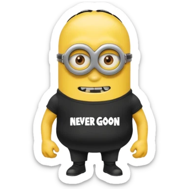 A buff minion wearing a black t shirt top with the words “never GOON” on the shirts chest area sticker