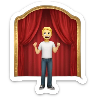 white light skin man person standing in a theater with red curtains standing on elevated stage holding a microphone smiling with light hair sticker