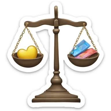 scales, on one side there is a heart, on the other there is banknotes sticker