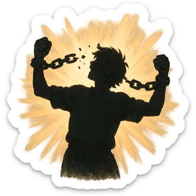 silhouette of a person breaking chains, dramatic lighting sticker
