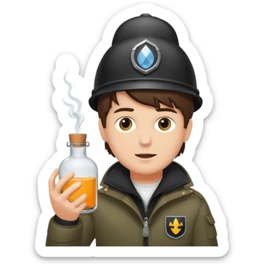 erstell ein bild Von eine jungen der braune augen hat eine sturmhaube trägt und eine Jacky flasche in der Hand hebt plus eine Jacke mit schwarzen fell sticker