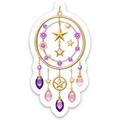 Epic Hanging gold suncatcher, threads with shiny sparkly amethyst and rose-quartz gemstones, flowers, moons, stars, gradient colors, pastel, vibrant colors sticker