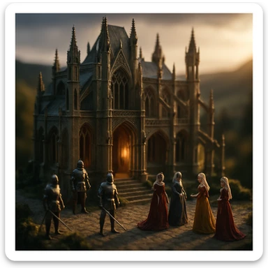 3D tilt-shift diorama of a medieval Gothic palace with knights and elegant ladies, dramatic cinematic lighting, epic atmosphere, blurred natural landscape in the background sticker