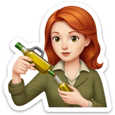 redhead person holding olive oil bottle like a pistol, playful pose sticker