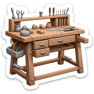 Cinematic Realistic image of a workbench set with a lump of pliable clay and artisanal sculpting tools, rendered with finely detailed textures that reveal subtle clay particles and well-worn tool surfaces, bathed in warm, focused studio lighting sticker