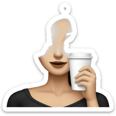 brunette long straight hair white skin woman in black long sleeve holding shopping bags and a coffe cup sticker