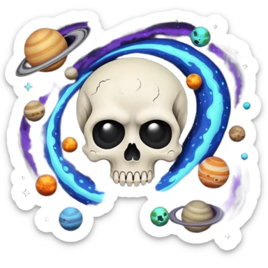 image of deep black space, with planets, stars an a galaxy, in the style of your bleeding skull art. sticker