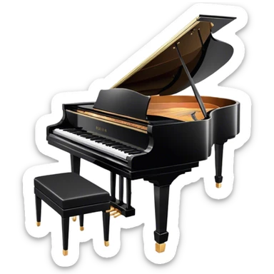 Cinematic Realistic Piano, glossy black grand piano with elegantly curved edges, pristine white and black keys, soft golden light reflecting off its polished surface, faint reflections of a musician’s hands, glowing with refined elegance and musical depth. sticker