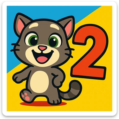 icon in style of My Talking Tom Friends 2, smiling cartoon cat and bold number 2, vibrant colors, rounded shapes sticker