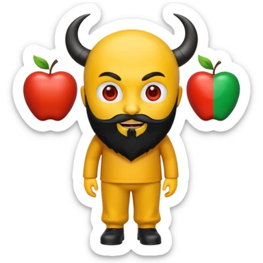 3D yellow heart emoji, devil face, full black beard, black horns and tail. Top: Italian flag. Bottom: Cornish flag trousers. Apple style, glossy, white background. sticker