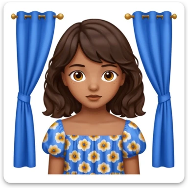 Teenage girl with golden brown skin, chocolate brown eyes, dark wavy hair with curtain bangs, and blue floral dress sticker