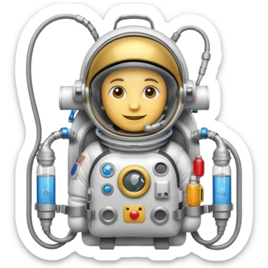 astronaut life support backpack with oxygen tanks and tubes, metallic silver equipment emoji style sticker