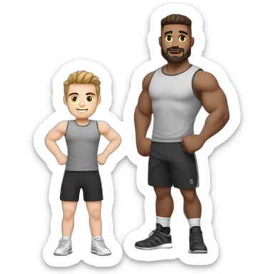 Full height Actively gesturing with hands Pale skinned Fit Man With the biceps and brown hair with Bristle in dark gray Sleeveless Mike, black oversize sports shorts and white Sneakers sticker