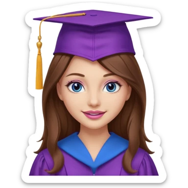 girl with gorgeous long brown hair, blue eyes, long lashes makeup, sexy pink lips, wearing a purple graduation cap and gown sticker