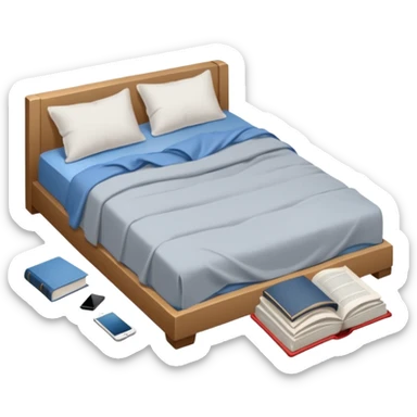 messy bed with a wrinkled blanket, the pillow out of place on the floor. Around the bed, scattered items include a t-shirt, pants, and an open book on the floor. sticker