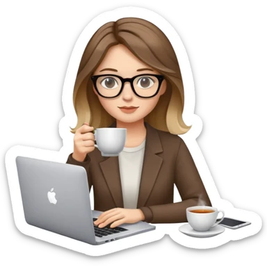 Chica con el pelo castaño con balagage rubias y gafas, está tomándose un té y trabajando con su laptop Apple  sticker