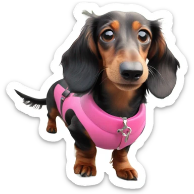 Long haired miniature dachshund red colour with pink collar waterskiing sticker