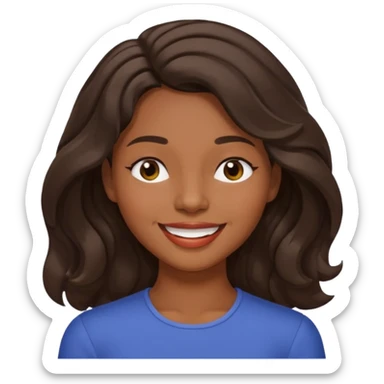 Happy fuller  face with big smile showing top teeth,  high cheek bones, dark brown skin color black women wavy hair shoulder length with side part, eyes slightly closed sticker
