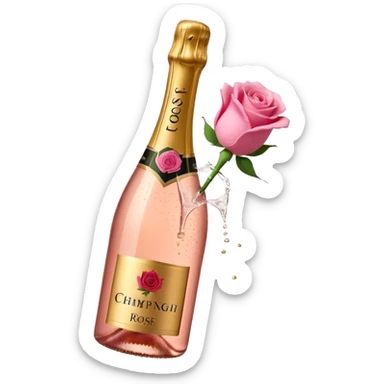 bottle of sparkling rosé champagne with a rose logo on the label, with the cork popping out from the top, tilted up and to the left, no glass sticker