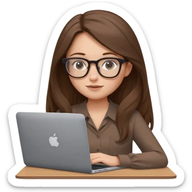 Girl in glasses,brown long hair, brown blouse, sitting with gray MacBook sticker