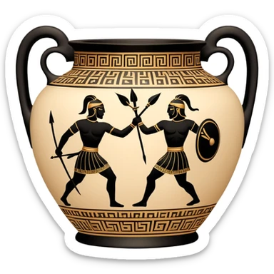 Cinematic-realistic Grecian urn, an exquisite black-figure pottery masterpiece resting in the dim glow of an ancient temple. Intricate golden depictions of two warrior fighting with spears and warriors encircle its curved form, telling timeless myths of heroism and tragedy.  sticker