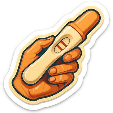 positive pregnancy test in hand, retro stickers style, soft rounded shapes, expressive contours, vintage color palette, light paper texture, shadows and highlights, transparent background sticker